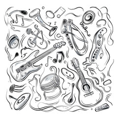 Set of hand drawn music theme isolated on white background, doodle set of Musical Instruments theme. Vector illustration