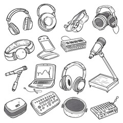 Set of hand drawn music theme isolated on white background, doodle set of Musical Instruments theme. Vector illustration