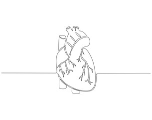 Continuous one line drawing of human heart. One line drawing illustration of heart. Human organ, World heart day concept line art. Editable outline.