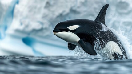 Obraz premium Lively Orca Leaping from Ocean in Arctic Waters, Majestic Marine Wildlife Captured in Nature