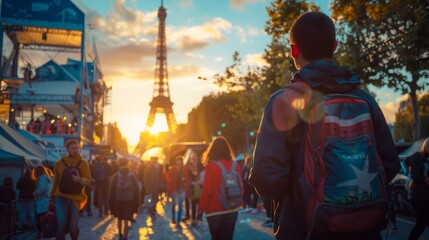 Sunset at Eiffel Tower with tourists and travelers. Bright lights and long shadows create a beautiful scene.
