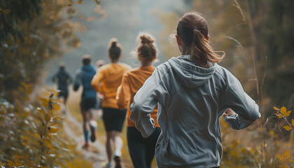 Fototapeta premium Group of people running outdoors, back view