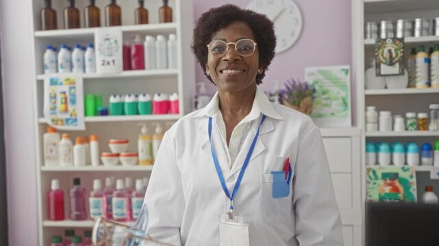 Woman in white lab coat working in a pharmacy with shelves of various products in the background