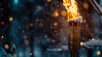 Winter night with a torch and snowflakes. Warm light under the dark, cold sky brings a sense of calm, surrounded by the beauty of wintry snow.