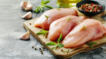 Raw chicken breast fillets placed on chopping board, detailed textures, clean kitchen setup, fresh and ready to cook