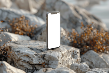 Smartphone in natural rock scenery, app mockup png file with transparency