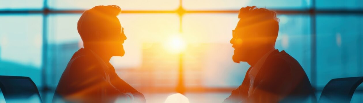 Silhouetted business meeting at sunset with two people talking across a table in a bright office setting, enhancing professional engagement.