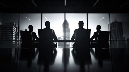 Silhouetted business people in a modern office boardroom, overlooking a cityscape through large windows, engaged in a meeting.