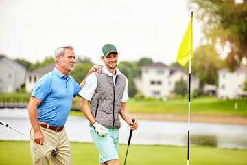 Happy, father and son for golf sport outdoor for fitness challenge, physical activity or support of recreation match. Smile, people and game practice, bonding and competition for country club event