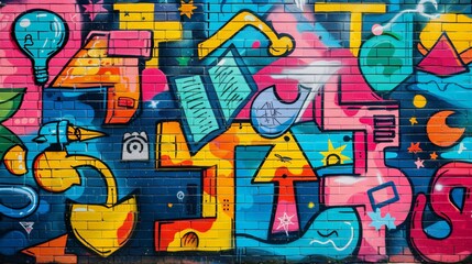 Vibrant educational graffiti mural portraying school spirit and learning joy, featuring books, blackboards, teachers, students, and dynamic strokes.