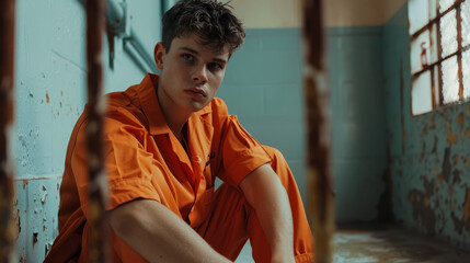 Teenage Male Prisoner In Orange Jumpsuit Locked Up Behind Bars 