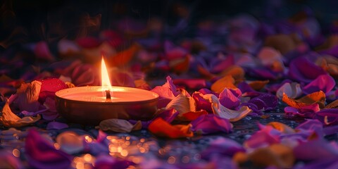 Burning candle with rose petals, romantic atmosphere for meditation, relaxation, or spa treatment. Concepts. aromatherapy, love, peace, tranquility, remembrance.