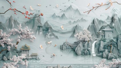 Obraz premium Chinese Landscape with Pagoda and Waterfall