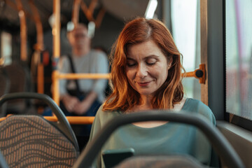 Close up of redhead woman looking down at the phone on a bus