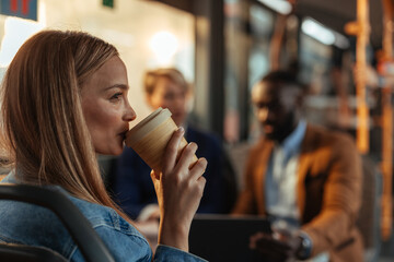 Blonde woman sipping coffee from a plastic cup on a bus