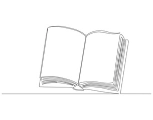 Continuous one line drawing of opened book. One line drawing illustration of book. Education book, idea, school and intelligence concept line art. Editable outline.