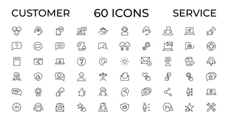 Customer service icon set. Containing customer satisfied, assistance, experience, feedback, operator and technical support icons. Thin outline icons pack.