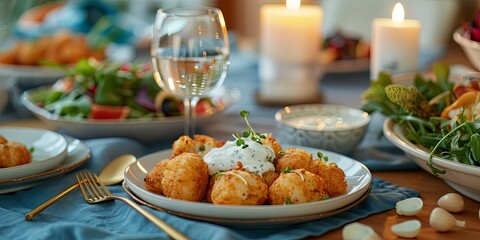 Delicious crispy golden brown appetizers served on a decorated table setting with salad and wine for a festive meal. Concept of food, dinner party, and celebration
