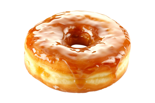 Closeup view of a caramel glazed donut with chocolate drizzle, isolated on white transparent background.