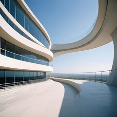 Fototapeta premium Modern abstract clean avanguard building, white, large windows, curvy lines, bright blue sky above