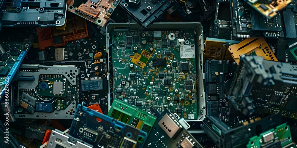 Poster hightech recycling facility using automation to disassemble and sort electronic components. concept 
