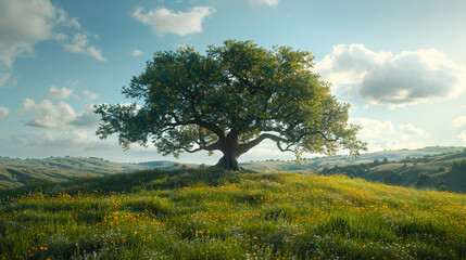 Obraz premium A solitary oak tree standing tall on a rolling hills