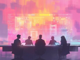 Silhouetted team in front of a colorful digital interface, collaborating on business or tech project in a modern office setting.