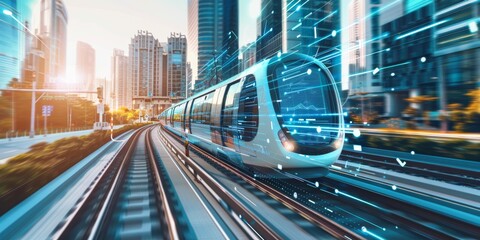 Fototapeta premium Futuristic Train Speeding Through Cityscape