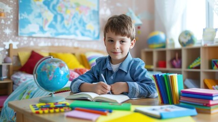 Learning to read and write, young boy at desk in bedroom, books, globe, and colorful school supplies, back to school, HD photo