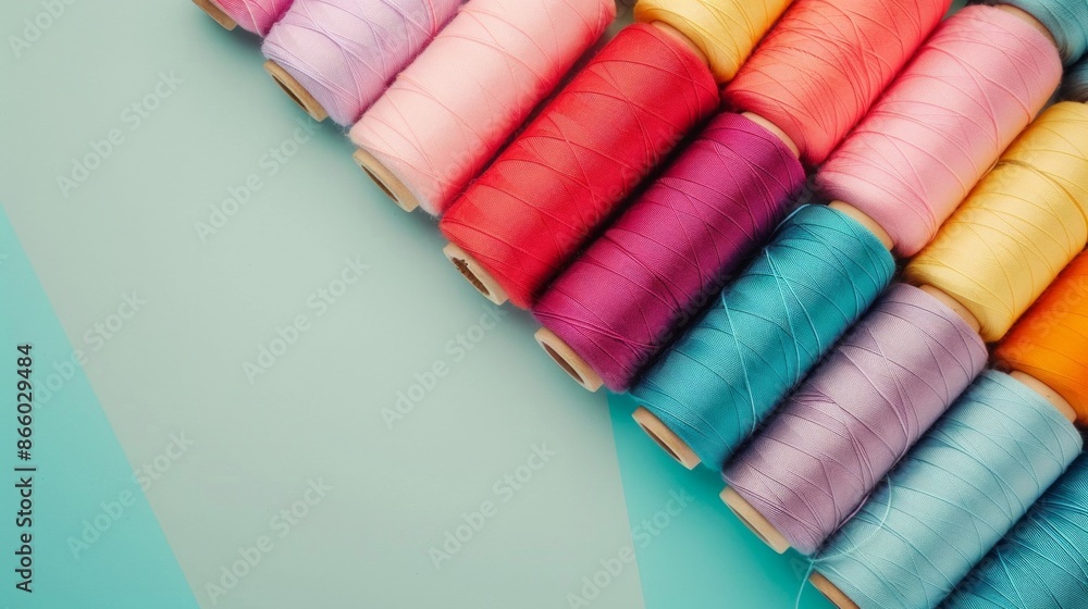Poster set of colorful spools of thread close up