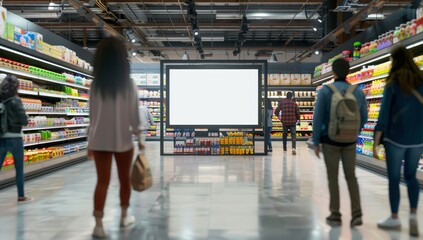 Obraz premium Grocery Store with Blank Ad Space and Shoppers