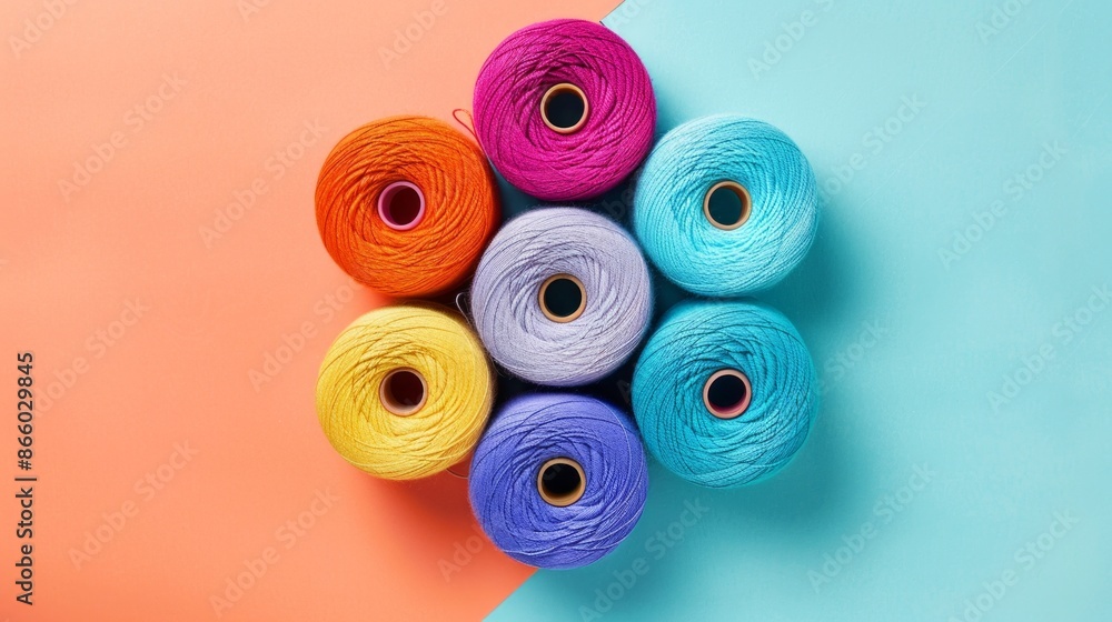 Poster set of colorful spools of thread close up