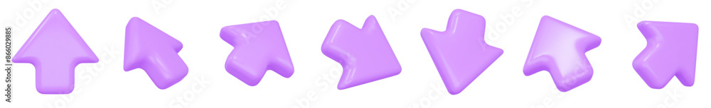 Poster 3d set of purple click cursor icon. mouse arrows pointing in different directions. stock vector illu