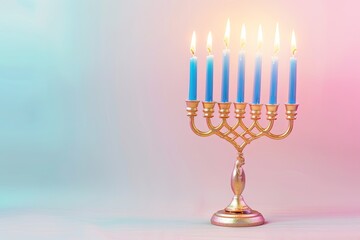 Glowing Hanukkah Menorah with lit blue candles on a colorful background.  Celebrating the Jewish Festival of Lights.