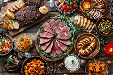 Fototapeta premium Festive Feast. Overhead view of a rustic table laden with roasted meats, side dishes, bread, and candles, perfect for a holiday gathering or celebration.