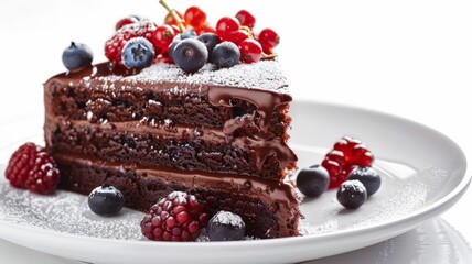 A decadent slice of rich chocolate cake adorned with fresh berries sits elegantly on a white plate