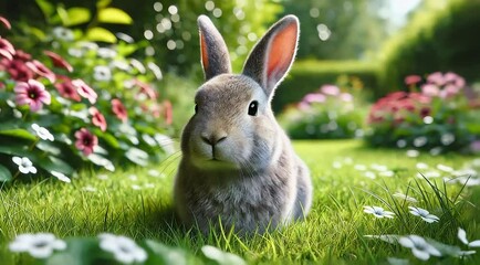 That cute little bunny is on the grass. bunny, grass, cute, rabbit, nature, spring. - Powered by Adobe