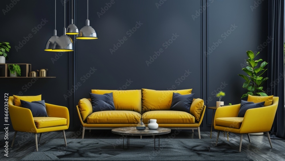 Wall mural Modern Living Room with Yellow Sofa and Chairs