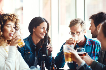 Bar, drinking and group with alcohol to enjoy, break and fun in weekend, beer and glass with liquid. Happy hour, celebration and people with cocktail, relax and friends with joy in club for New Year