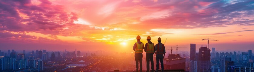 Silhouettes of three construction workers standing on a building rooftop at sunset, with the city skyline in the background.