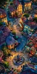 Fototapeta premium 40 Whimsical town square with colorful buildings and fairy lights bird's-eye view twilight