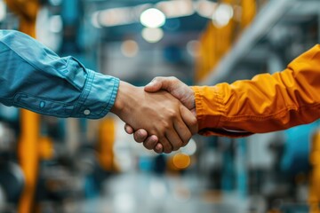 Manufacturing Teamwork. Successful Business Partnership and Handshake between Factory Engineers