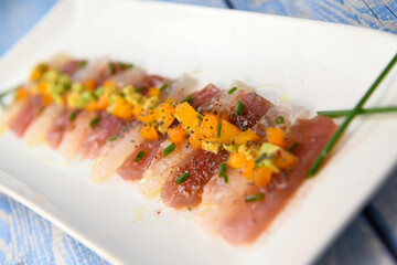 FISH CEVICHE RECIPE, SEA BREAM AND TUNA, AVOCADO, BELL PEPPER, CHILLI, CHIVES, LEMON, OLIVE OIL,...