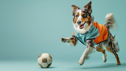 Happy dog playing soccer