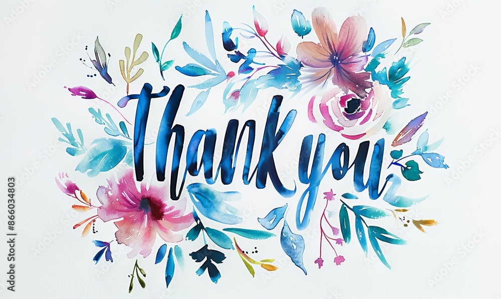 Wall mural Thank you - calligraphy lettering with florals on abstract multicolored watercolor painted splash background.