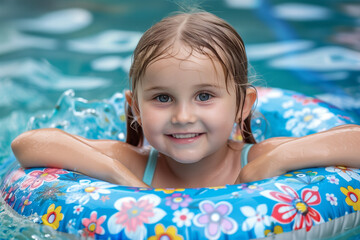 Happy little girl relaxing on an inflatable toy ring floating in the swimming pool