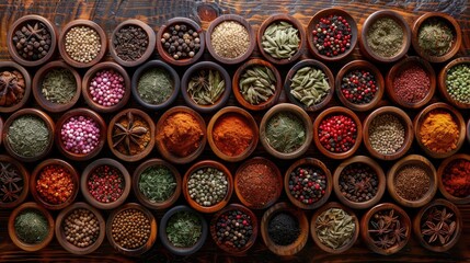 Colorful Assortment of Various Spices in Wooden Bowls Displayed on Rustic Wooden Table