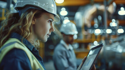 A female engineer in a safety helmet uses a digital tablet in a modern factory setting, overseeing industrial processes.