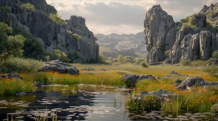 Scenic landscape showcasing a serene pond surrounded by lush vegetation and large rocky outcrops under a cloudy sky.