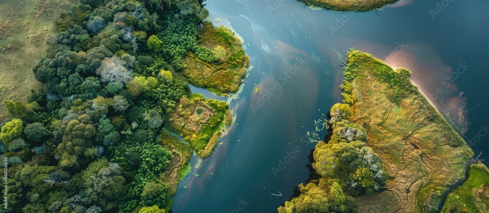Poster Aerial view of the riverbank with a map, captured by a drone for copy space image.